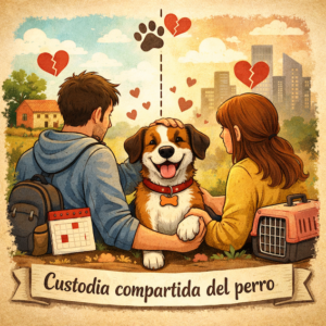 Ilustración de un perro con custodia compartida entre dos personas tras una separación, una reflexión sobre la responsabilidad de las mascotas en Mas Torrencito.