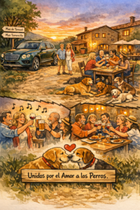 Ilustración en Mas Torrencito donde unos huéspedes belgas llegan en un Bentley todoterreno y terminan cenando junto a otros huéspedes holandeses, unidos por el amor hacia sus perros en una casa rural petfriendly en Girona.