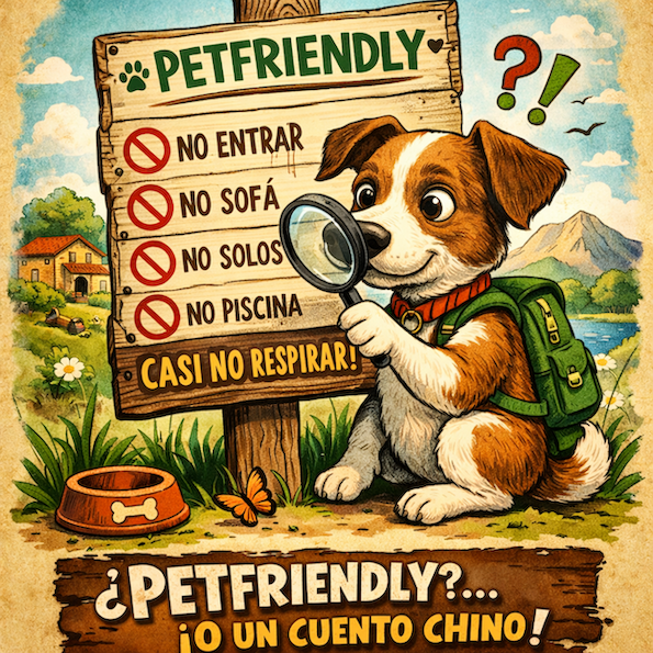 Perro observando un cartel petfriendly con muchas prohibiciones en una casa rural.