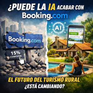 Ilustración cuadrada sobre cómo la inteligencia artificial podría cambiar las reservas turísticas, mostrando una casa rural petfriendly con piscina frente al modelo tradicional de Booking y sus comisiones.