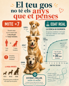 Infografia sobre l’edat real dels gossos que desmunta el mite de multiplicar per 7 i explica com la mida influeix en l’envelliment caní.