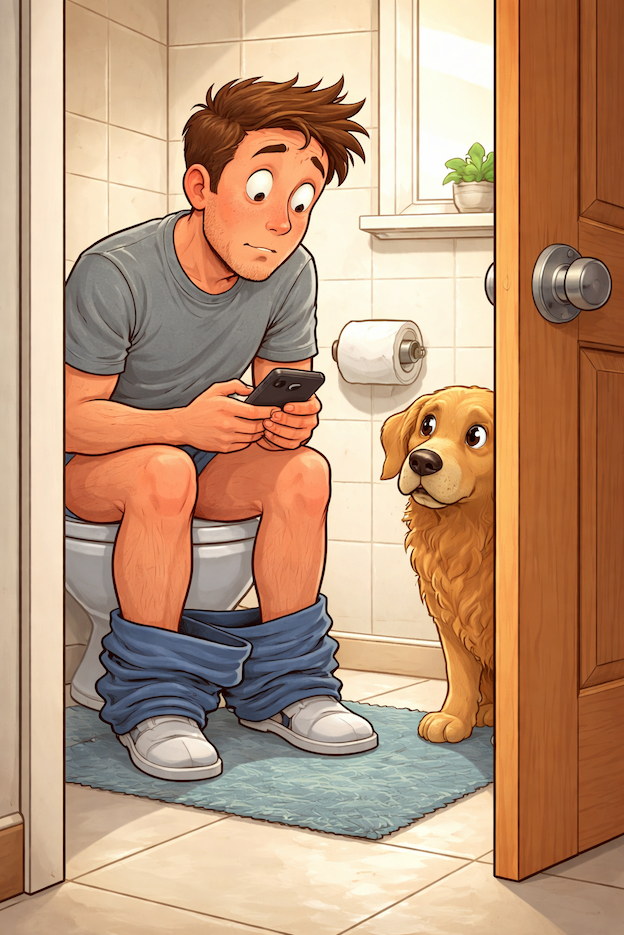 Perro observando a su dueño sentado en el baño con expresión curiosa, escena divertida sobre la vida cotidiana con mascotas en casa