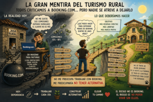 Ilustración sobre la dependencia de Booking.com en turismo rural, mostrando el contraste entre comisiones altas y la construcción de reservas directas y marca propia en una casa rural.