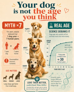 Infographic explaining dogs’ real biological age, debunking the 7-year myth and showing how dog size affects canine aging.