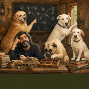 Miguel con Manuela, Mastitwo, Mamas y Masto convertidos en perros científicos dentro de una masía, ilustrando un test divertido de inteligencia para perros.
