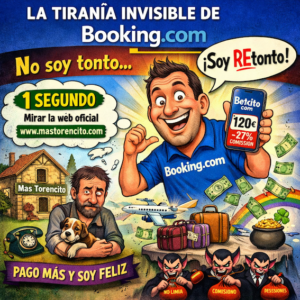Ilustración satírica sobre Booking.com y las comisiones en casas rurales petfriendly en Girona mostrando la diferencia entre reservar directo y pagar comisión