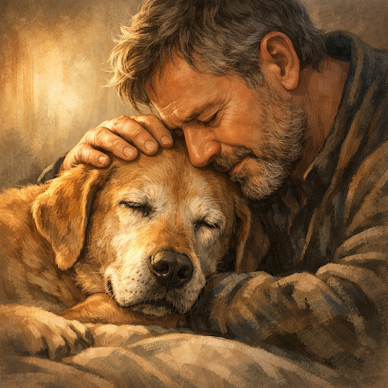 Perro mayor descansando junto a su humano en un momento íntimo y emocional que representa el amor y la despedida al final de la vida.