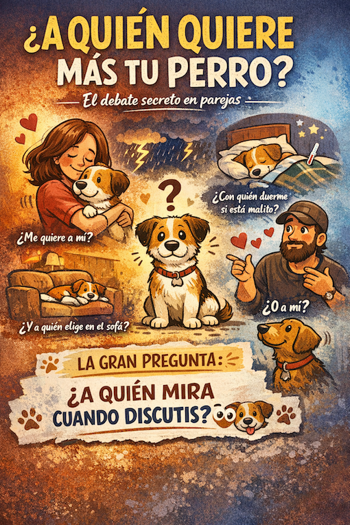 Ilustración divertida sobre el debate en parejas petfriendly: ¿a quién quiere más tu perro?, con escena de pareja y perro en diferentes situaciones emocionales.