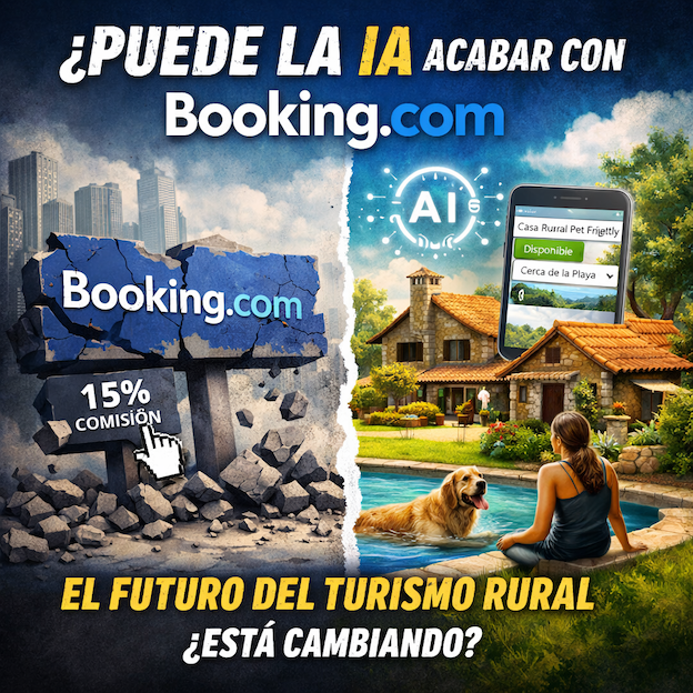 Ilustración cuadrada sobre cómo la inteligencia artificial podría cambiar las reservas turísticas, mostrando una casa rural petfriendly con piscina frente al modelo tradicional de Booking y sus comisiones.