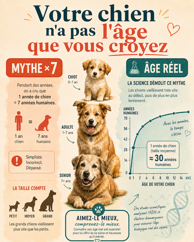 Infographie sur l’âge réel des chiens qui démonte le mythe des 7 ans et explique comment la taille influence le vieillissement canin.