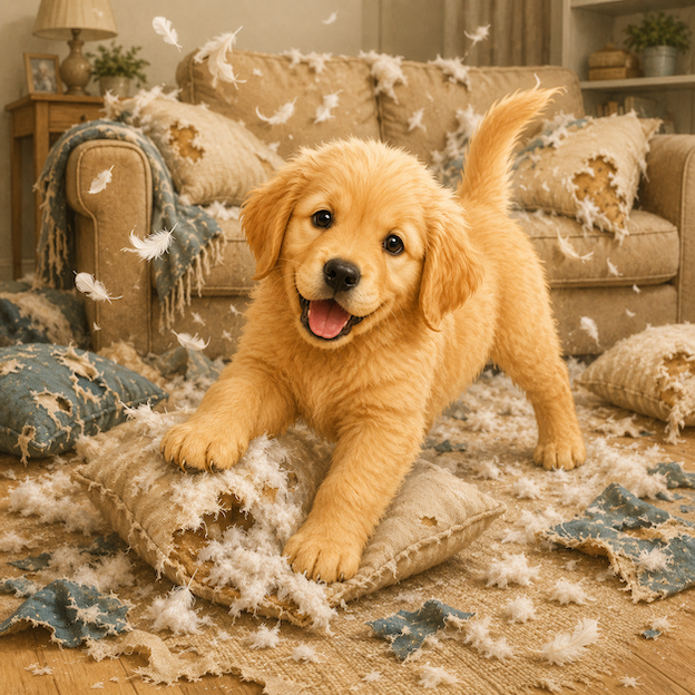 Golden retriever cachorro jugando en un salón destrozado con cojines rotos, plumas y relleno esparcidos por el suelo