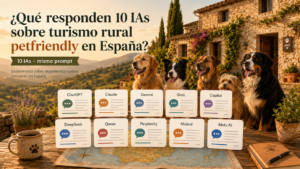 Ilustración de varias inteligencias artificiales comparando alojamientos de turismo rural petfriendly en España, con perros y una casa rural en plena naturaleza.
