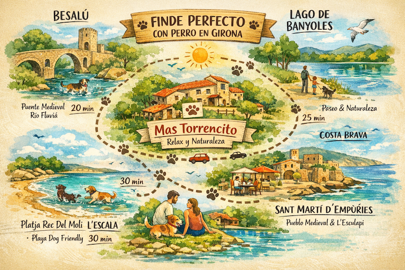 Mapa ilustrado de un fin de semana con perro en Girona desde Mas Torrencito con ruta a Besalú, Lago de Banyoles, playa de L’Escala y Sant Martí d’Empúries
