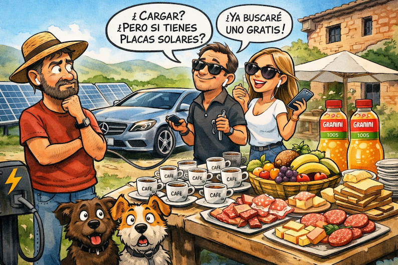 Ilustración satírica de un cliente cargando un coche eléctrico sin permiso en un alojamiento rural con placas solares, mientras una pareja desayuna en exceso junto a dos perros sorprendidos.