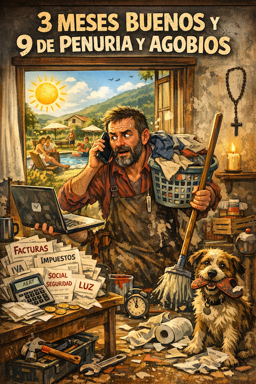 Ilustración humorística de un propietario de turismo rural desbordado entre facturas, limpieza y mantenimiento mientras fuera luce el verano y un perro sonríe con un zapato en la boca bajo el título “3 meses buenos y 9 de penuria y agobios”.