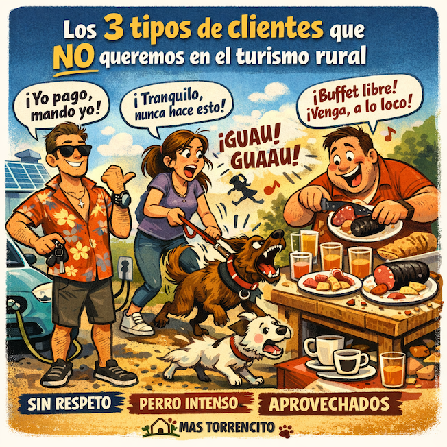 Ilustración humorística sobre tres tipos de clientes problemáticos en el turismo rural petfriendly: cliente irrespetuoso, perro intenso sin control y cliente que abusa del buffet libre.