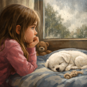 Niña mirando por la ventana junto a su cachorro blanco mientras duerme en la cama, representando la tristeza de tener que separarse de su perro tras haber sido regalado en Navidad.