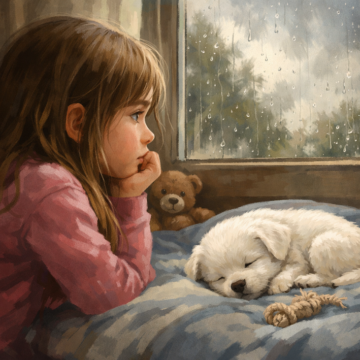Niña mirando por la ventana junto a su cachorro blanco mientras duerme en la cama, representando la tristeza de tener que separarse de su perro tras haber sido regalado en Navidad.