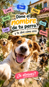Perros felices corriendo por Mas Torrencito, rodeados de nombres como Luna, Thor, Max, Nala y Manuela, para descubrir qué revela el nombre de tu perro sobre tu personalidad.