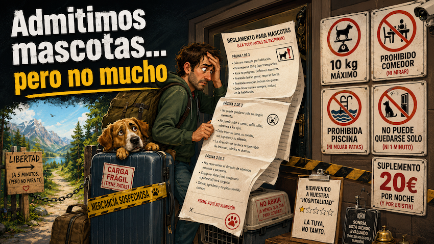 Ilustración satírica de un alojamiento que dice admitir mascotas pero impone normas, límites de peso, suplementos y restricciones a los perros.