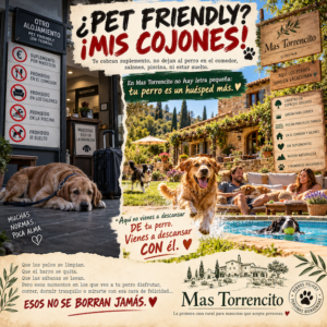 Comparativa entre un alojamiento con restricciones para perros y Mas Torrencito, casa rural pet friendly en Girona con jardín, piscina y espacios compartidos para mascotas.