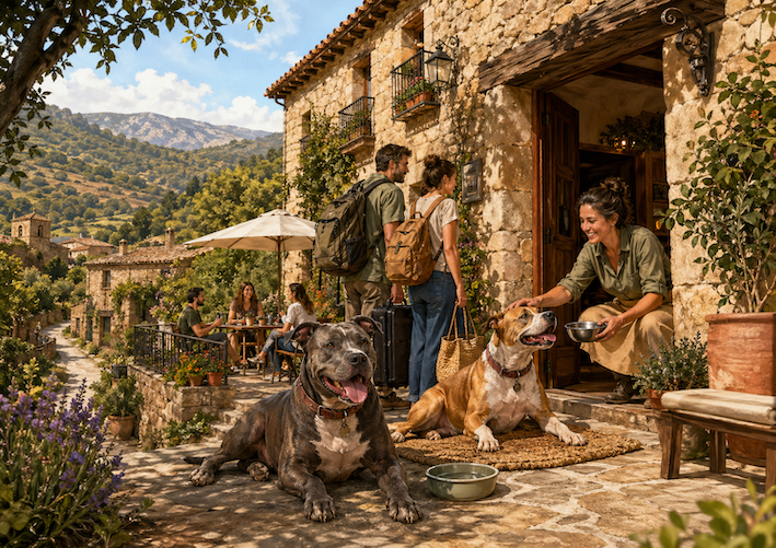 Ilustración de una casa rural petfriendly en un pueblo pequeño rodeado de naturaleza, donde varios viajeros comparten espacio con perros PPP grandes, tranquilos y bienvenidos.