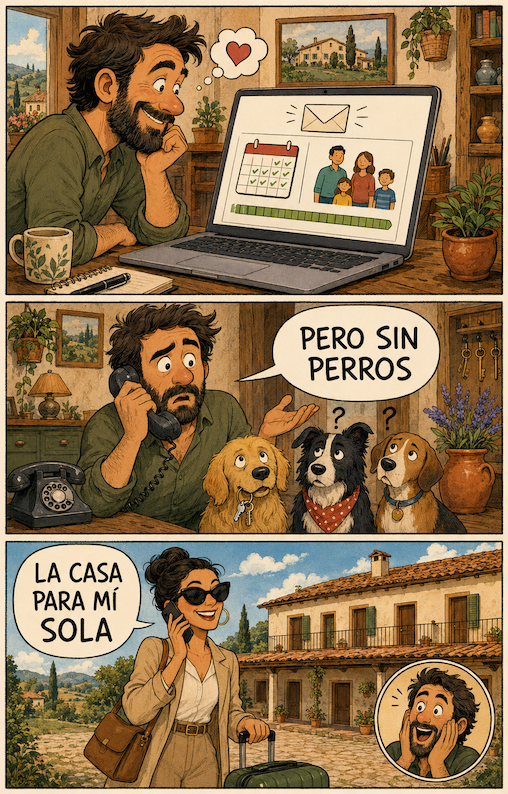 Viñeta de Mas Torrencito: un cliente pide alquilar toda la casa pero sin perros, mientras otra mujer reserva la casa entera para ella sola.