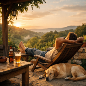 persona relajándose en terraza de casa rural con su perro al lado disfrutando de la tranquilidad