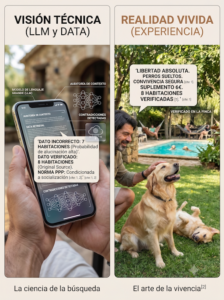 Comparativa en dos viñetas entre los datos técnicos que analiza una IA en el móvil y la realidad de perros disfrutando sueltos junto a la piscina en Mas Torrencito.