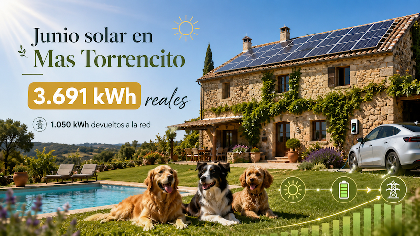 Mas Torrencito, casa rural pet friendly en Girona, con paneles solares, piscina, perros y coche eléctrico cargando durante el récord de autoconsumo solar de junio 2026 con 3.691 kWh reales producidos.