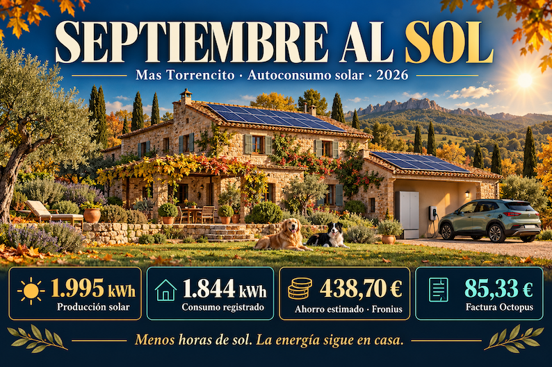 Ilustración del autoconsumo solar de Mas Torrencito en septiembre de 2026: 1.995 kWh producidos, 438,70 € de ahorro estimado y factura de 85,33 €.