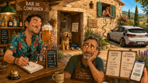 Ilustración del bar de confianza de Mas Torrencito con huéspedes pícaros, perro solo y turismo rural petfriendly.