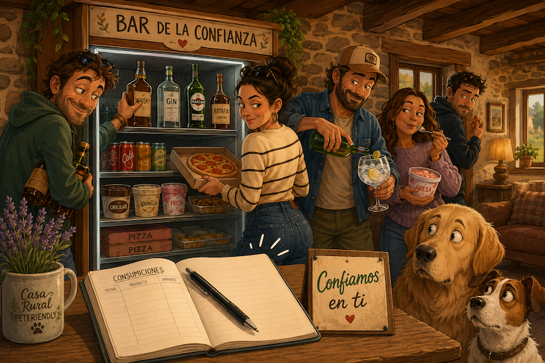 Ilustración del bar de honestidad de Mas Torrencito con una libreta de consumiciones en blanco, huéspedes cogiendo comida y bebida sin apuntar y perros observando la escena.