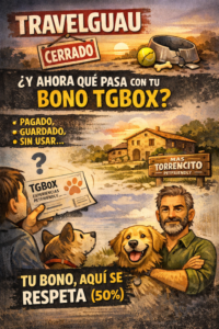 Ilustración sobre el cierre de TravelGuau y qué hacer con un bono TGBox, con opción de usarlo en Mas Torrencito con descuento del 50%