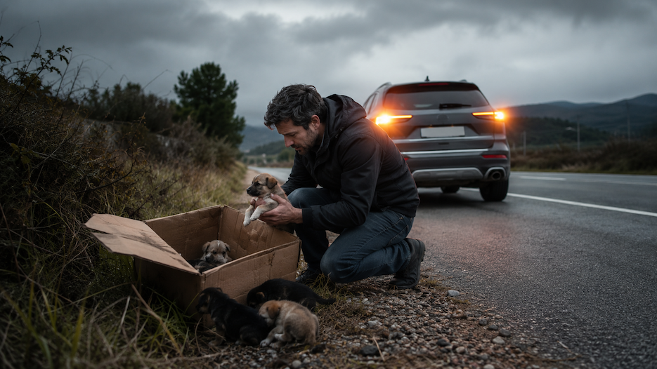 Hombre rescatando varios cachorros abandonados en una caja junto a una carretera de Girona