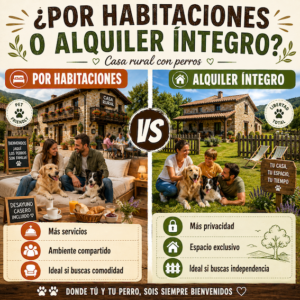 Infografía comparativa de casa rural con perros por habitaciones frente a alquiler íntegro, mostrando servicios, privacidad y espacio para viajar con mascotas.