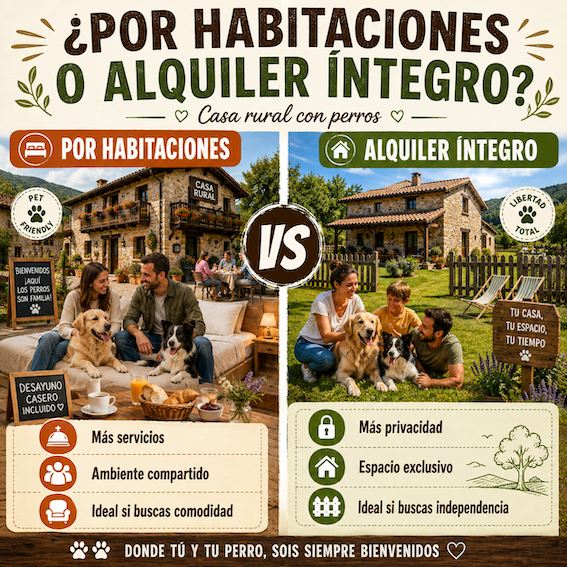 Infografía comparativa de casa rural con perros por habitaciones frente a alquiler íntegro, mostrando servicios, privacidad y espacio para viajar con mascotas.