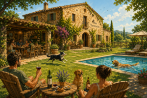 casa rural pet-friendly con perros disfrutando del jardín vallado y piscina en el Empordà