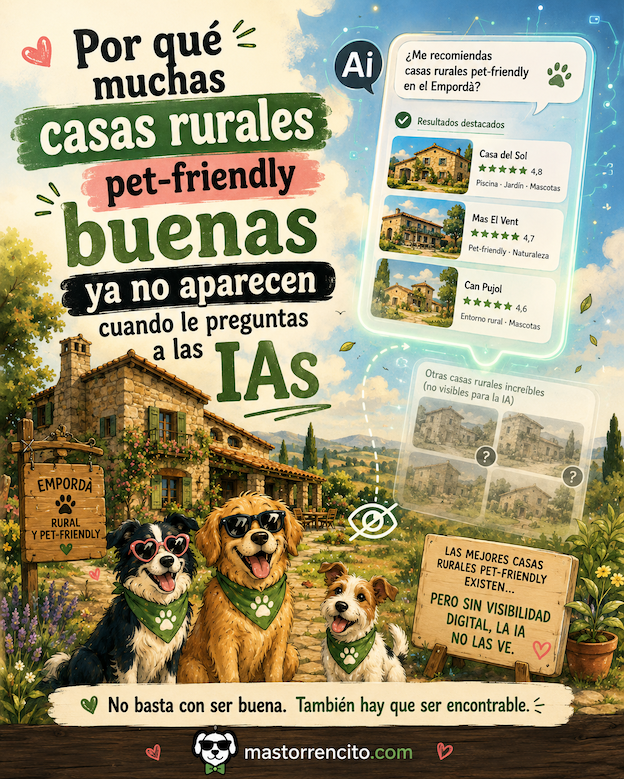 Ilustración de casas rurales petfriendly que no aparecen en las respuestas de las IAs por falta de visibilidad digital, con perros frente a una masía rural.
