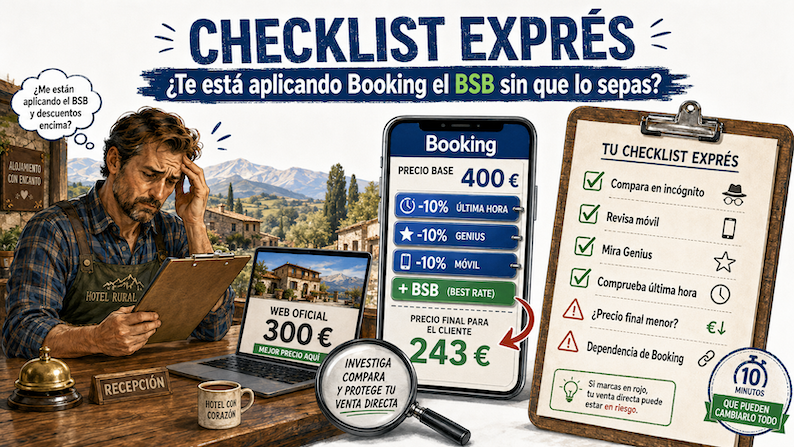 Ilustración de una checklist para detectar si Booking aplica descuentos BSB, Genius, móvil y última hora que perjudican la venta directa de un hotel rural.