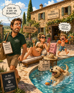 Cliente en la piscina de una casa rural con perros en Girona antes de hacer el check-in