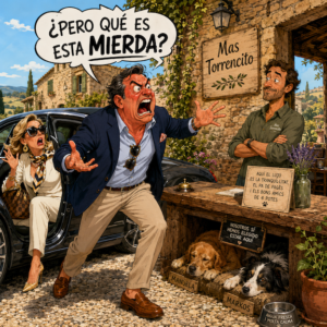 Cliente enfadado llegando por error a Mas Torrencito, casa rural petfriendly en Girona, mientras Manuela y Markos descansan tranquilos.