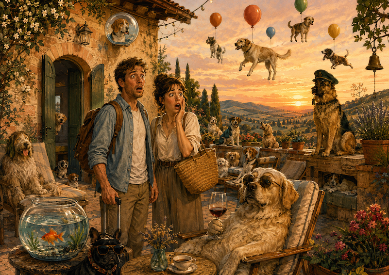 Ilustración surrealista de una pareja sorprendida al llegar a una casa rural pet friendly llena de perros de todos los tamaños.