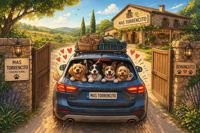 Coche llegando a Mas Torrencito con cuatro perros dentro en una casa rural petfriendly en Girona, Empordà