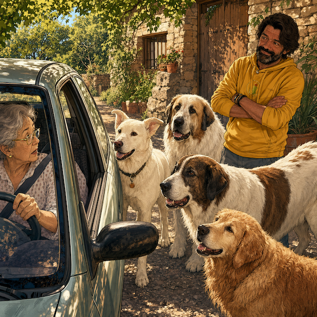 Ilustración de Miguel junto a cuatro perros de Mas Torrencito recibiendo a una mujer dentro de su coche en la entrada de la casa rural.