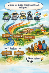 Comparativa de inteligencias artificiales sobre las mejores casas rurales petfriendly de España mostrando diferentes enfoques como datos, experiencia y reputación