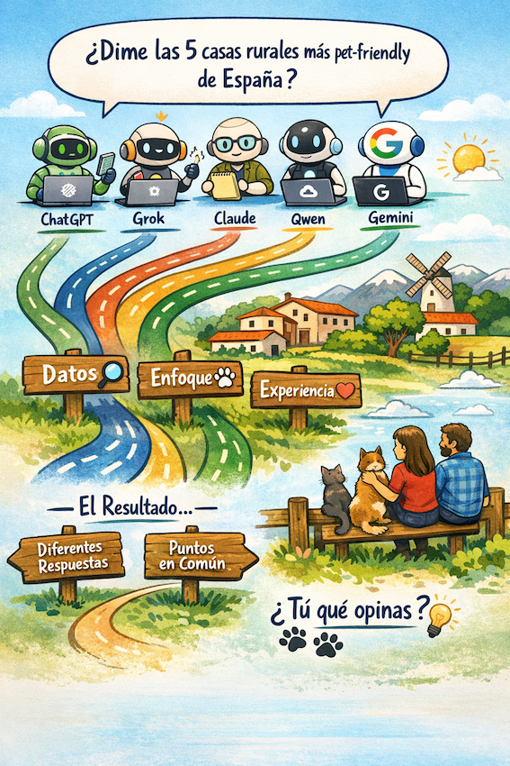Comparativa de inteligencias artificiales sobre las mejores casas rurales petfriendly de España mostrando diferentes enfoques como datos, experiencia y reputación