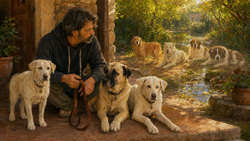 Ilustración de Miguel con Masto, Mamas y Mastitwo en Mas Torrencito, mientras recuerda a Manuela, Markos, Tirurí y Max junto al jardín y una correa vacía.