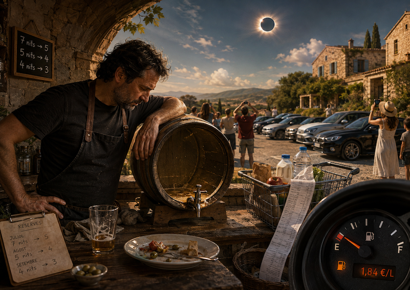 Crisis encubierta y consumo a la baja: barril de cerveza casi vacío, compras más pequeñas, estancias más cortas y eclipse solar sobre una casa rural.