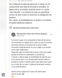 Crítica negativa a un restaurante por permitir perros y respuesta del propietario defendiendo el espacio pet friendly